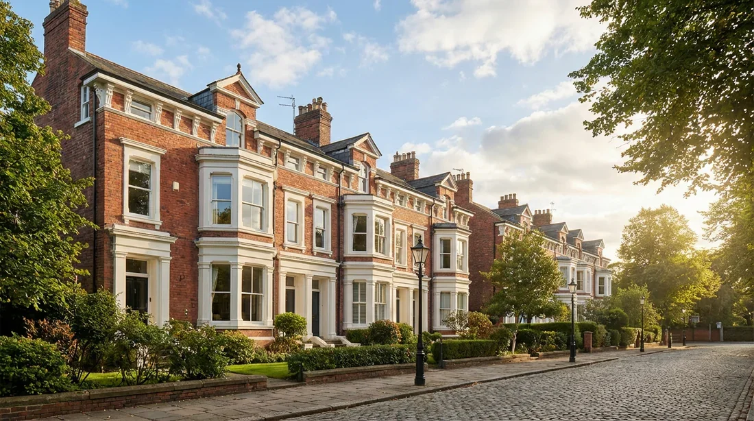 Une rangée de maisons victoriennes classiques avec façades en briques rouges et fenêtres en saillie sous un ciel bleu.
