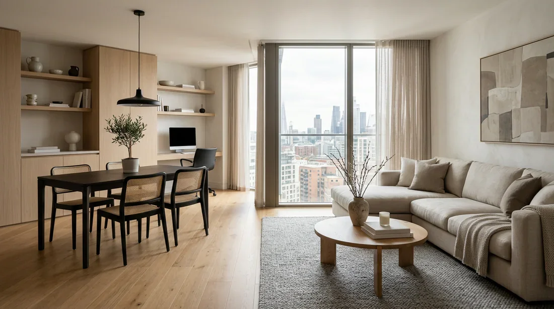 Espace de vie moderne scindé en deux zones distinctes dans un appartement lumineux