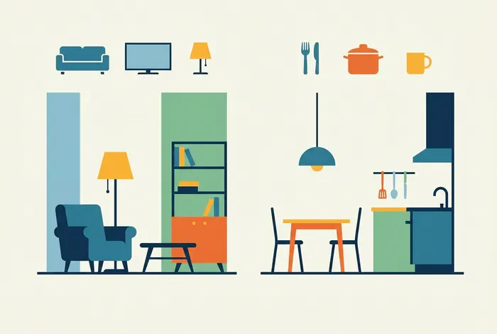Vivre en colocation avec son ex : conseils CAF - Guide de survie après rupture : 5 étapes - Comment gérer la colocation avec son ex et la CAF ? Illustration checklist de deux espaces séparés pour un appartement