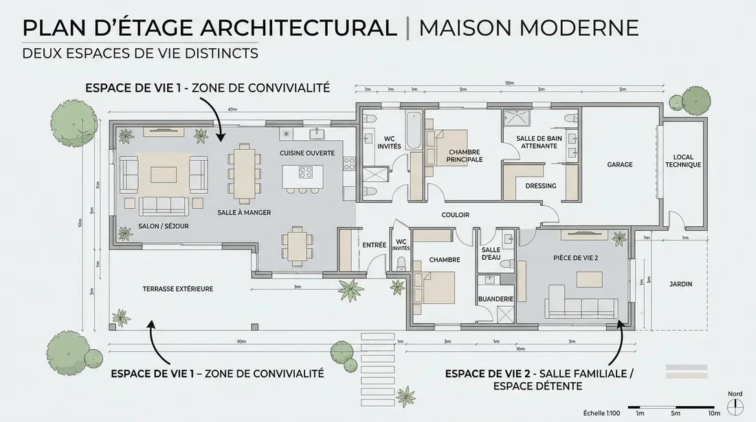 Plan architectural illustrant la séparation de deux espaces de vie