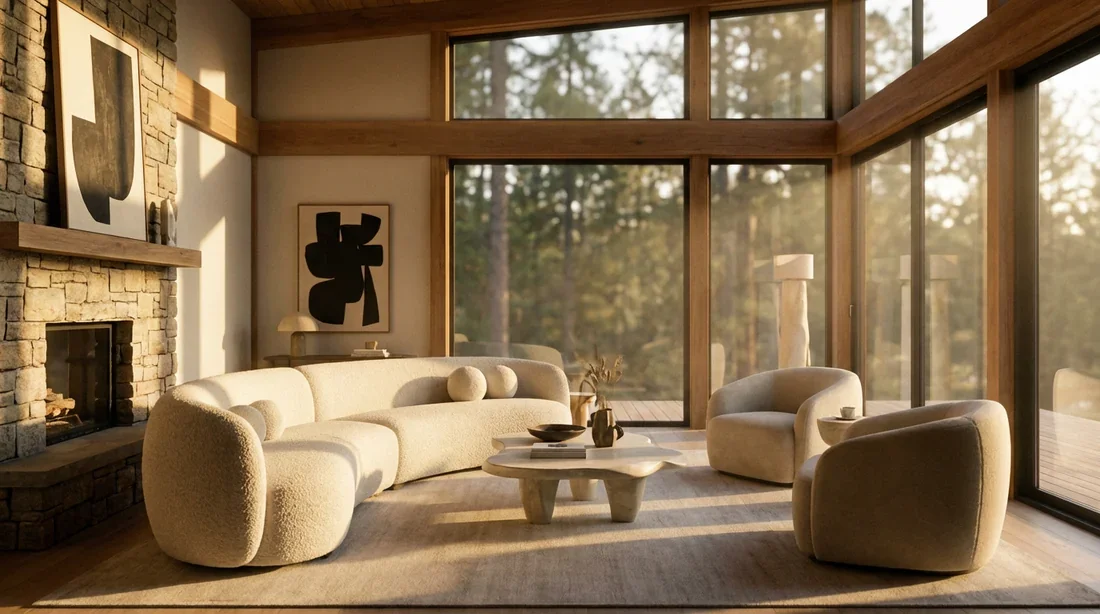 Vue panoramique d'un salon de luxe baigné dans la lumière du coucher de soleil, illustrant l'art de donner vie à sa maison pièce par pièce.