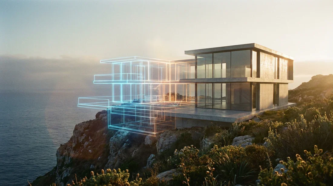 Bannière cinématographique d'une villa d'architecte moderne, passant du plan numérique à la réalité au coucher du soleil, illustrant la transformation du rêve en habitat concret.