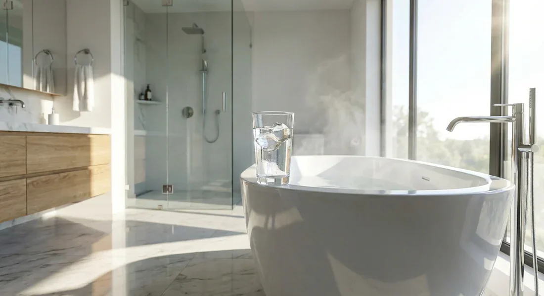 Une salle de bain moderne et impeccable avec un verre d'eau cristalline évoquant la pureté Culligan
