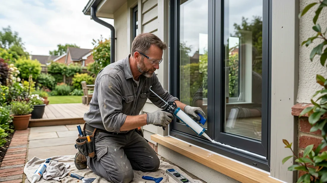 Finition et étanchéité de fenêtre lors de la pose Artisan réalisant les joints d'étanchéité d'une fenêtre fraîchement posée