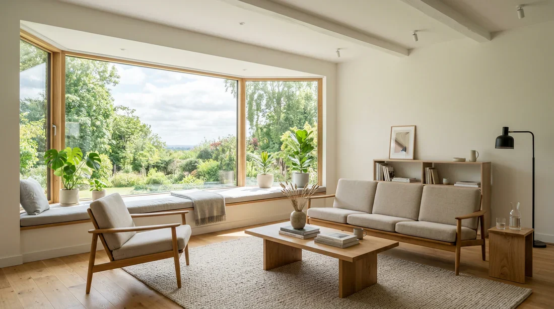 Pose de baie vitrée panoramique dans un salon moderne Grand salon lumineux avec une baie vitrée panoramique fraîchement installée