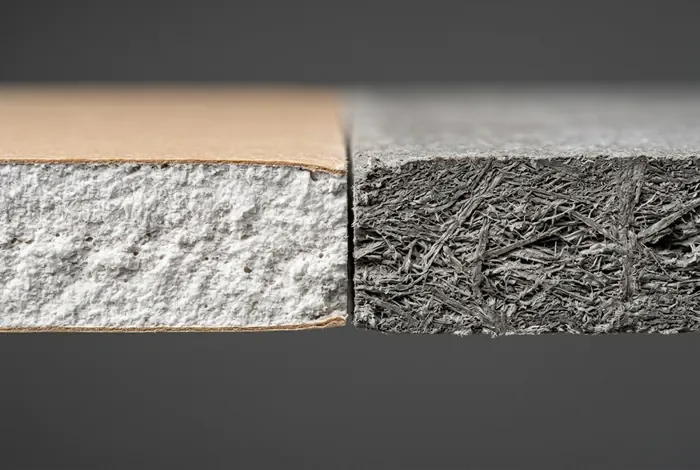 Alternative au placo : 7 meilleures solutions au BA13 - Fini le BA13 ! 7 alternatives ultra solides (Guide 2026) - Par quoi remplacer le placo ? 7 solutions enfin solides Comparaison de la tranche d'une plaque de placo standard et d'une plaque Fermacell dense