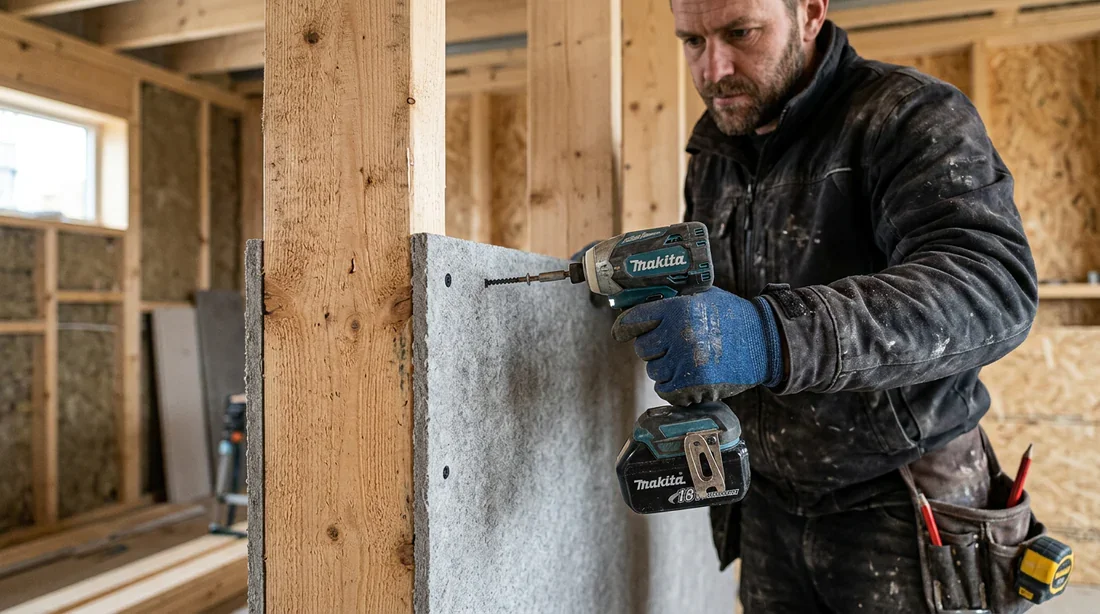 Pose de plaque Fermacell sur ossature bois Fixation d'une plaque Fermacell sur une ossature en bois pendant les travaux