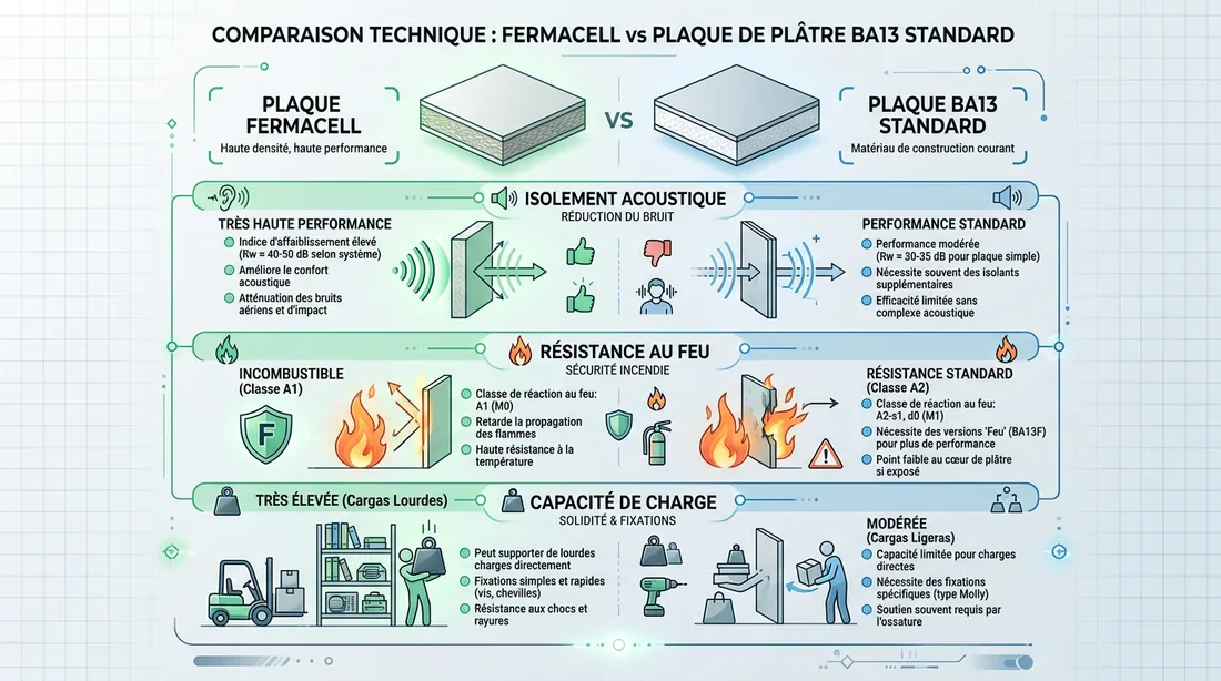 Comparatif des performances Fermacell vs Placo Infographie comparative des performances entre le Fermacell et le placo BA13
