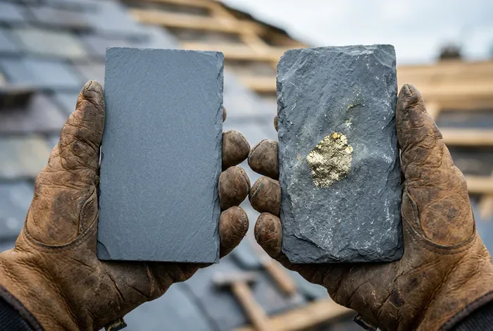 Main de couvreur comparant une ardoise premium et une ardoise avec pyrite