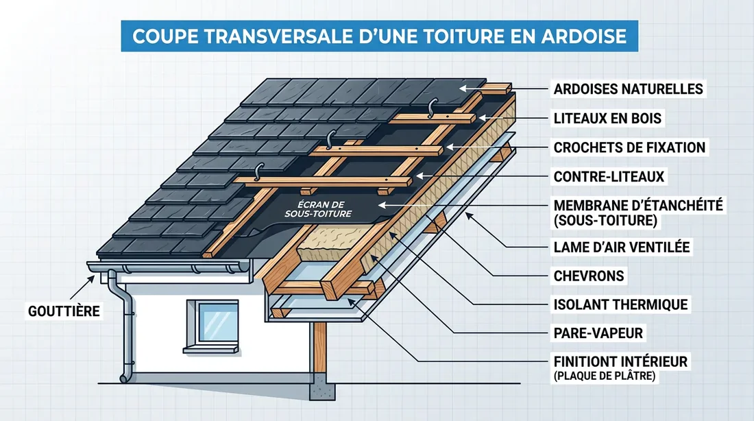 Schéma technique de la pose d'une couverture en ardoise