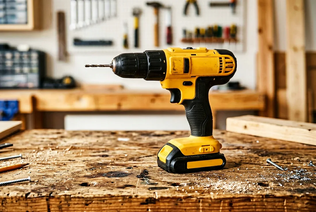 Visseuse jaune et noire sur un établi en bois avec sciure et vis