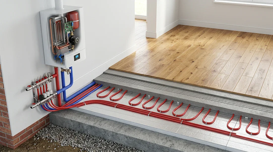 Salon moderne avec plancher chauffant et chaudière électrique murale discrète.