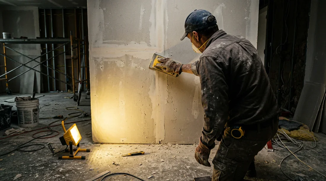 Bricoleur utilisant une cale à poncer sur un mur en placo avec un éclairage de chantier