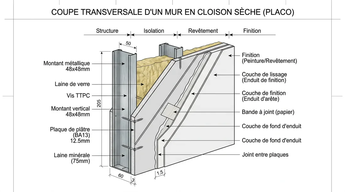 Schéma technique d'une pose de bande de placo