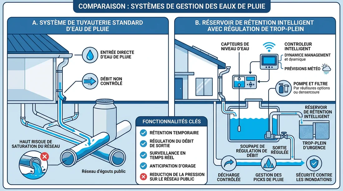 Schéma explicatif du fonctionnement d'une cuve de rétention et régulation du débit