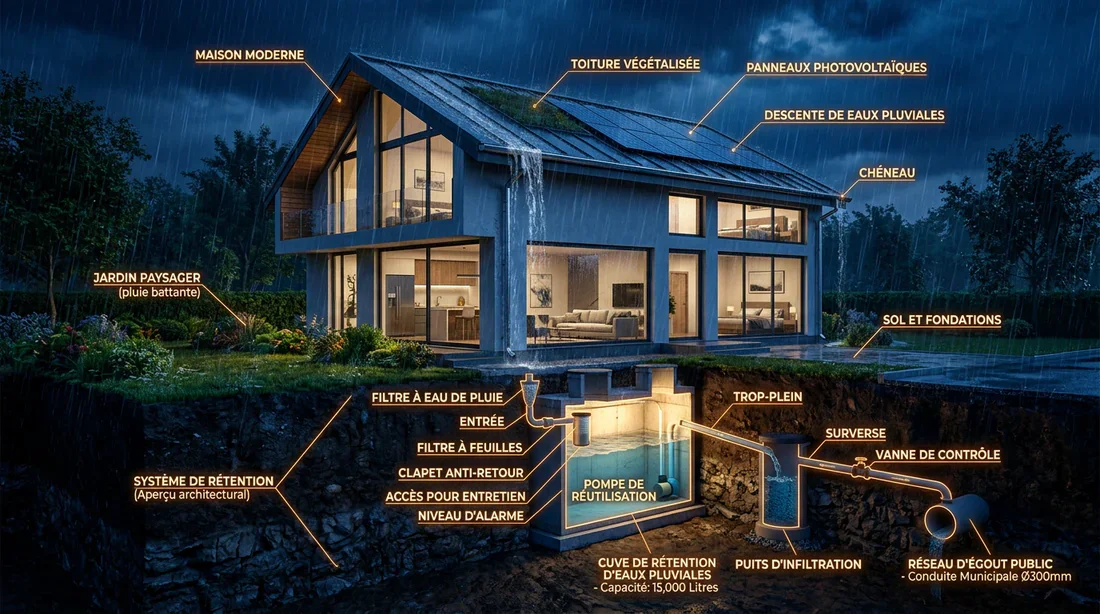 Vue en coupe d'une maison moderne avec système de récupération des eaux de pluie et cuve de rétention