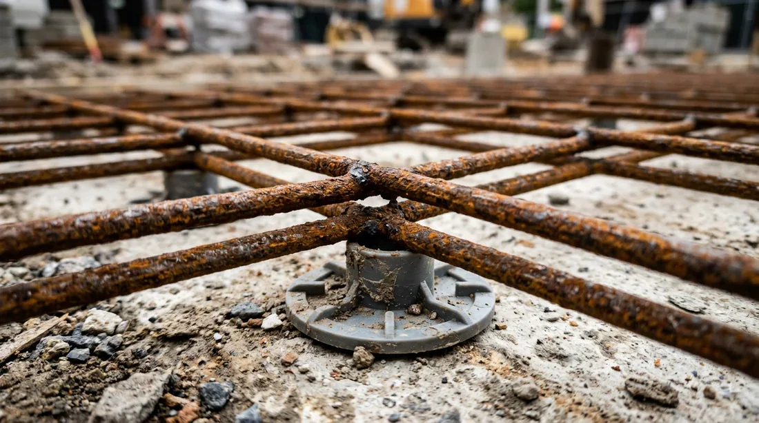 Gros plan sur la pose de treillis soudé rouillé sur cales