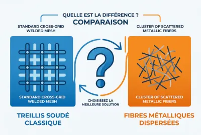Illustration infographique comparant le treillis soudé au béton fibré
