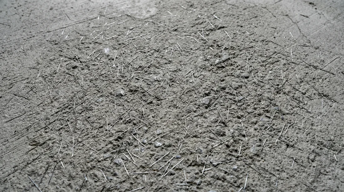 Vue rapprochée de fibres métalliques dans du béton frais