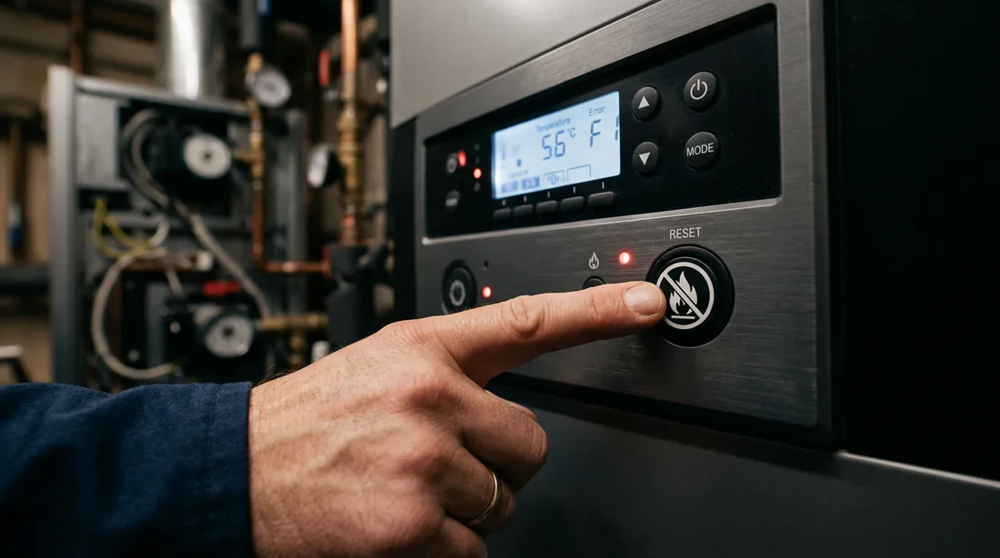 Bouton reset chaudière Main d'un technicien appuyant sur le bouton reset d'une chaudière moderne