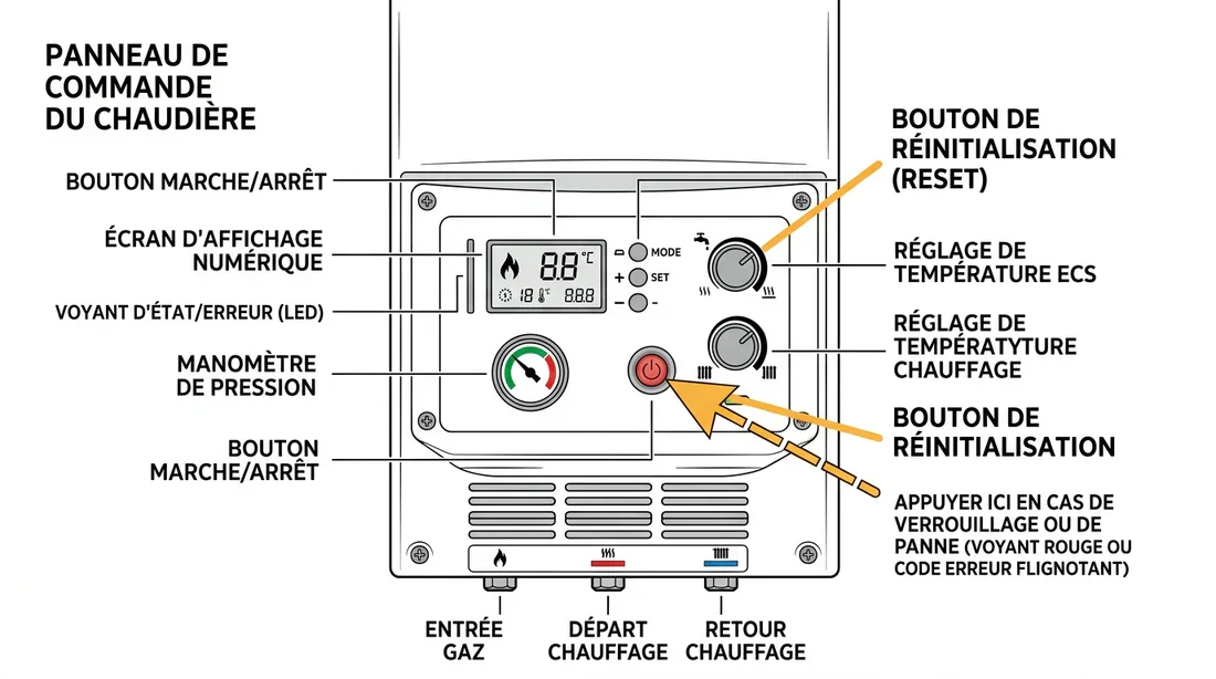 Localisation bouton reset chaudière Schéma technique montrant l'emplacement du bouton reset sur une chaudière