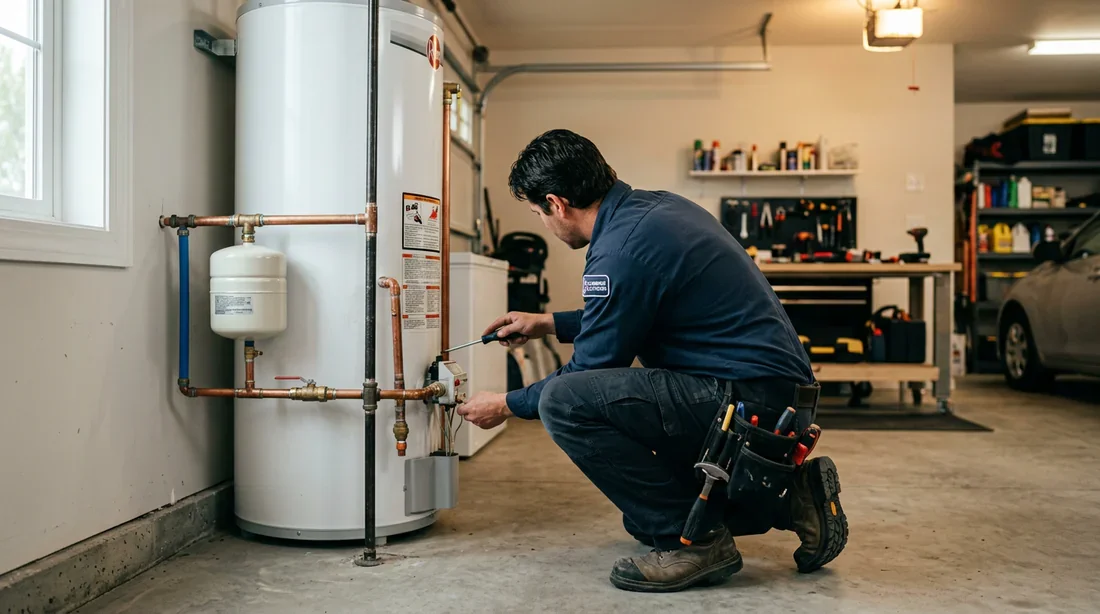 Plombier inspectant un chauffe-eau dans un garage