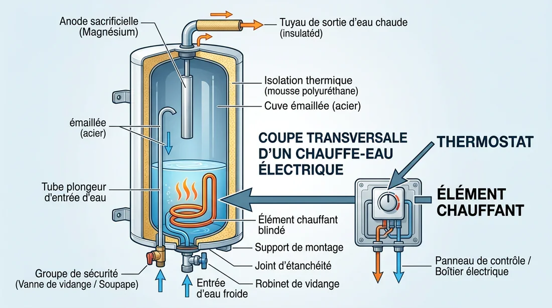 Schéma technique des composants d'un chauffe-eau