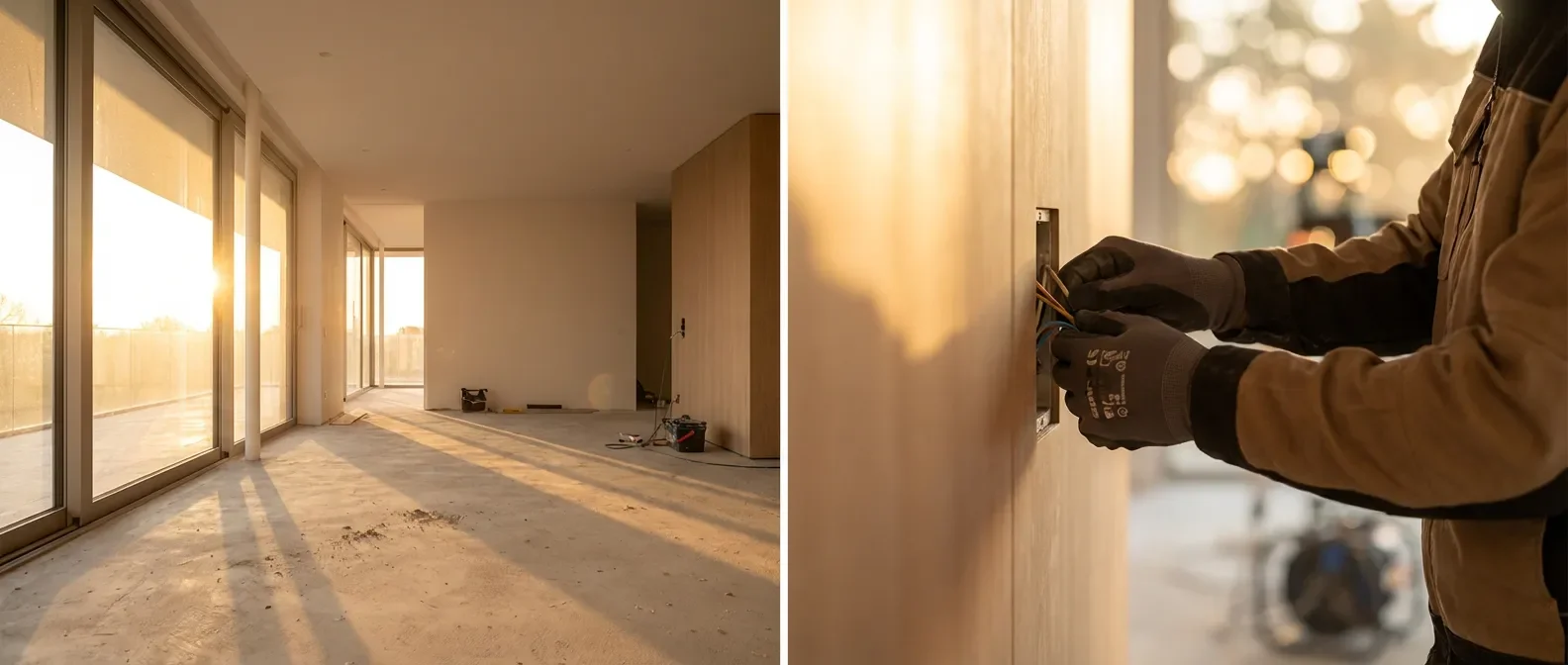 Électricien professionnel effectuant un branchement complexe dans une maison moderne