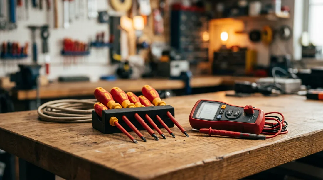 Tournevis d'électricien et testeur de tension sur un établi