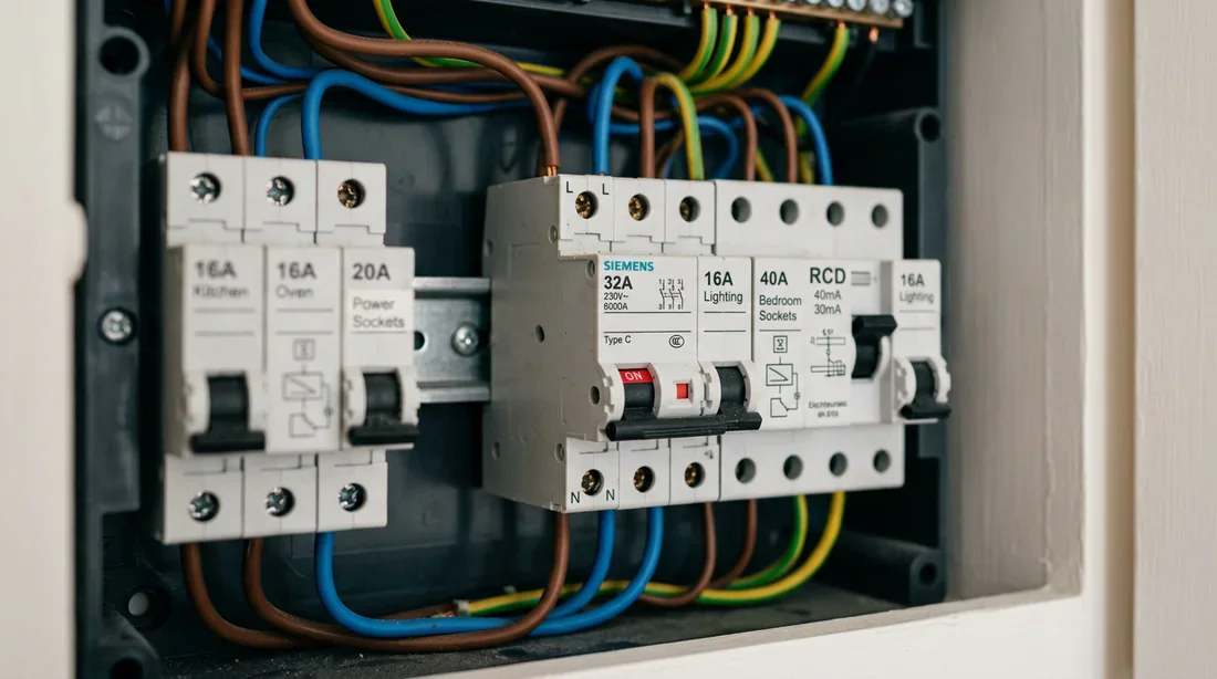 Disjoncteur 32A dans un tableau électrique domestique