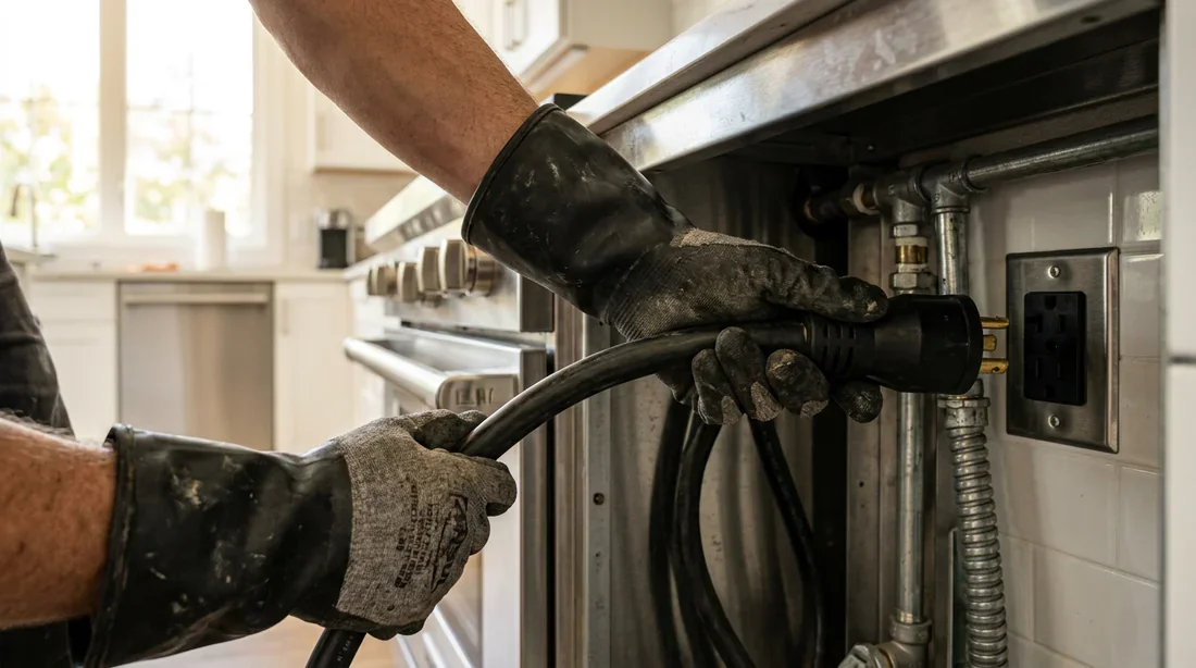 Électricien branchant un câble d'alimentation derrière une cuisinière moderne dans une cuisine lumineuse