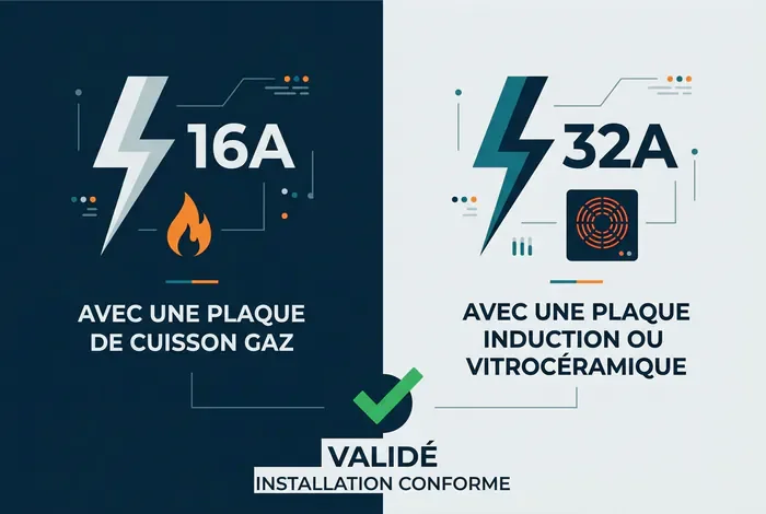 Branchement gazinière électrique : le guide complet 2026 - Branchement gazinière électrique : Le guide ultime (2026) - Comment réussir le branchement d'une gazinière électrique ? Infographie comparative des puissances électriques 16A et 32A pour appareils de cuisson