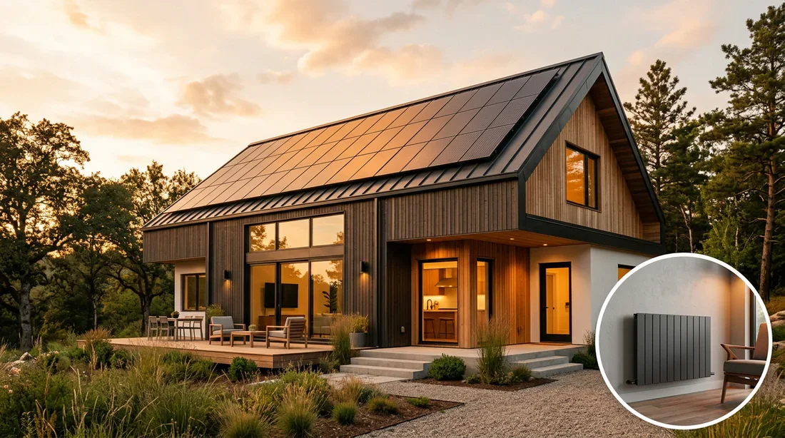 Chauffage électrique et énergie solaire pour maison moderne Maison moderne équipée de panneaux solaires avec un radiateur électrique performant à l'intérieur