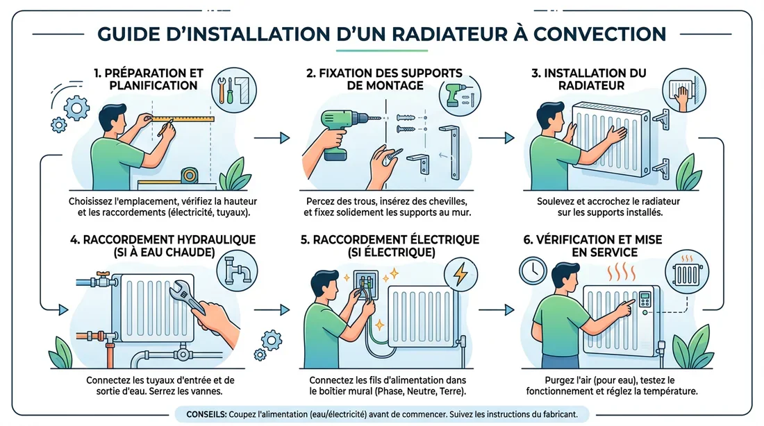 Guide étape par étape de pose de radiateur Schéma des étapes d'installation d'un radiateur électrique