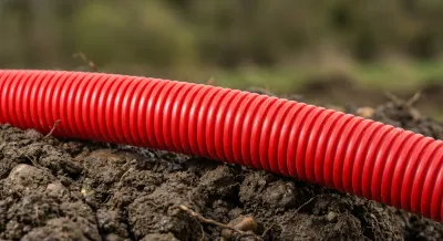Gaine électrique rouge de protection sur terre sombre