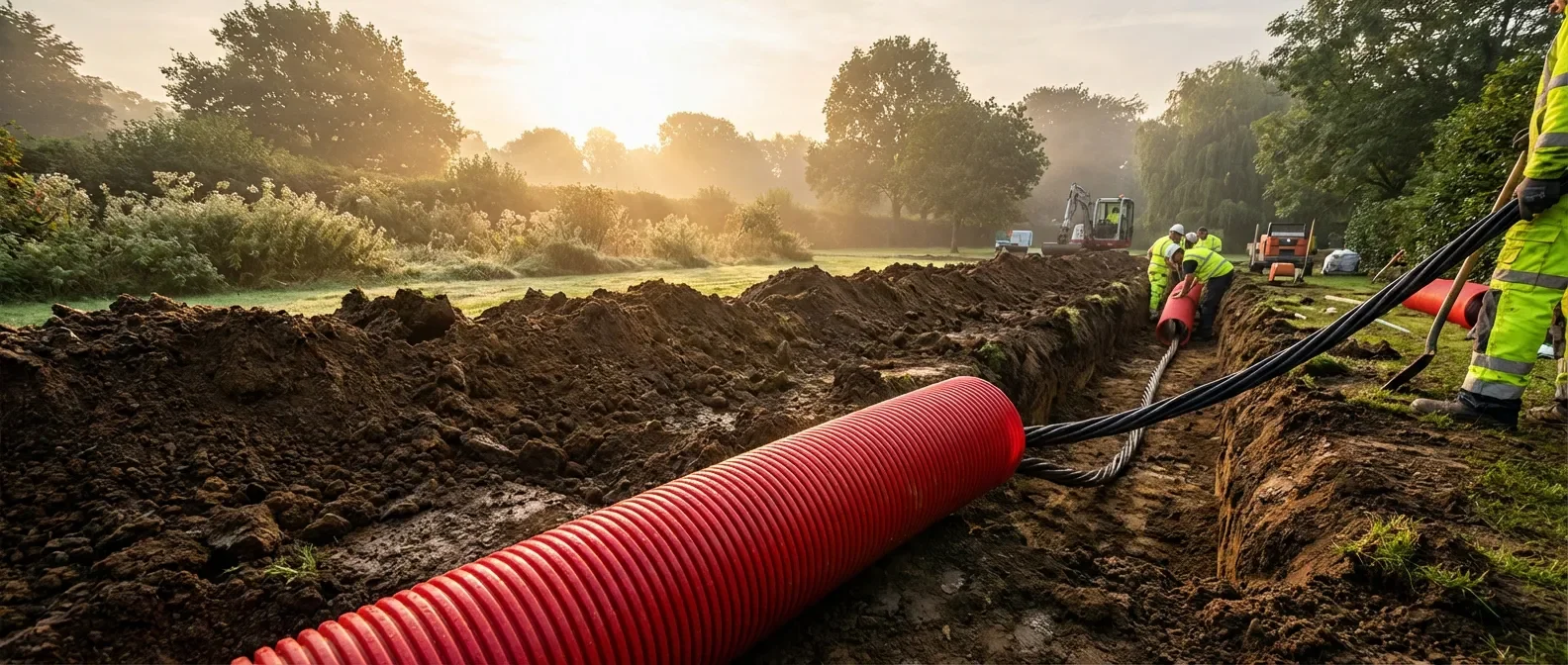 Installation professionnelle d'un câble électrique dans une gaine rouge enterrée dans un jardin au lever du soleil
