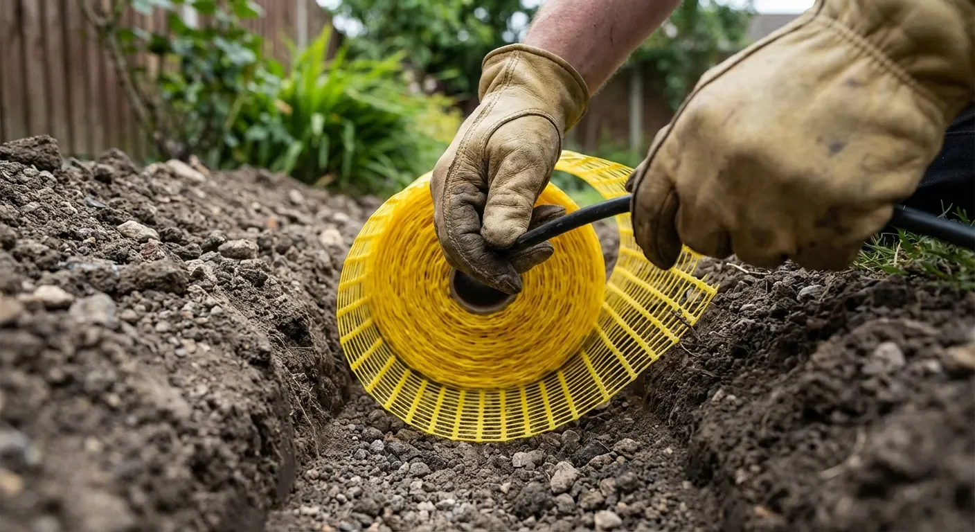 Pose de filet de signalisation jaune et de gaine électrique dans une tranchée