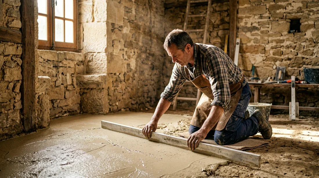 Mise en œuvre d'une chape à la chaux dans une rénovation en pierre Artisan agenouillé tirant à la règle une chape à la chaux beige dans une maison en pierre