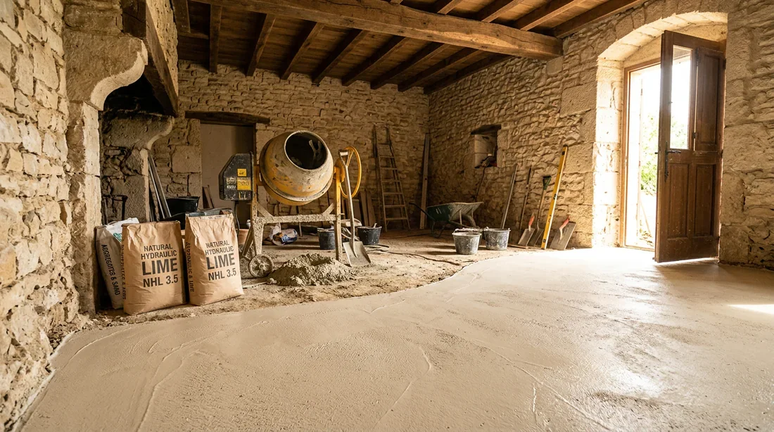 Préparation et coulage de la chape à la chaux Chantier de coulage d'une chape à la chaux avec sacs de chaux naturelle et bétonnière