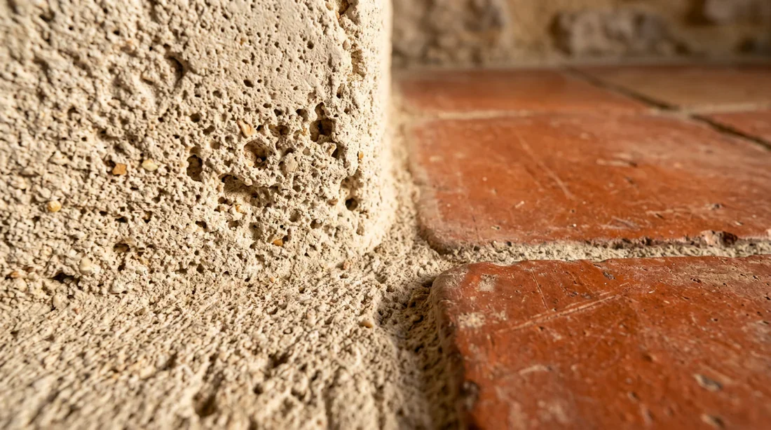Texture et respirabilité de la chape à la chaux Gros plan sur la texture naturelle et poreuse d'une chape à la chaux