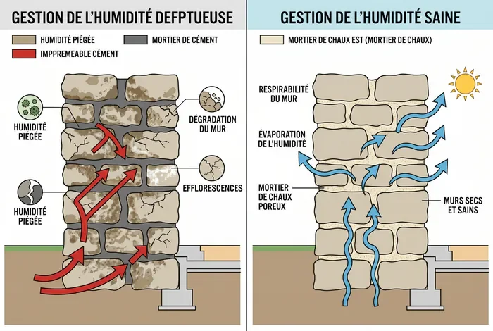 Chape à la chaux : dosage, épaisseur et pose - Chape à la chaux : Le guide ultime 2026 ! - Comment réussir une chape à la chaux sans erreur ? Infographie comparative montrant la gestion de l'humidité entre ciment et chape à la chaux