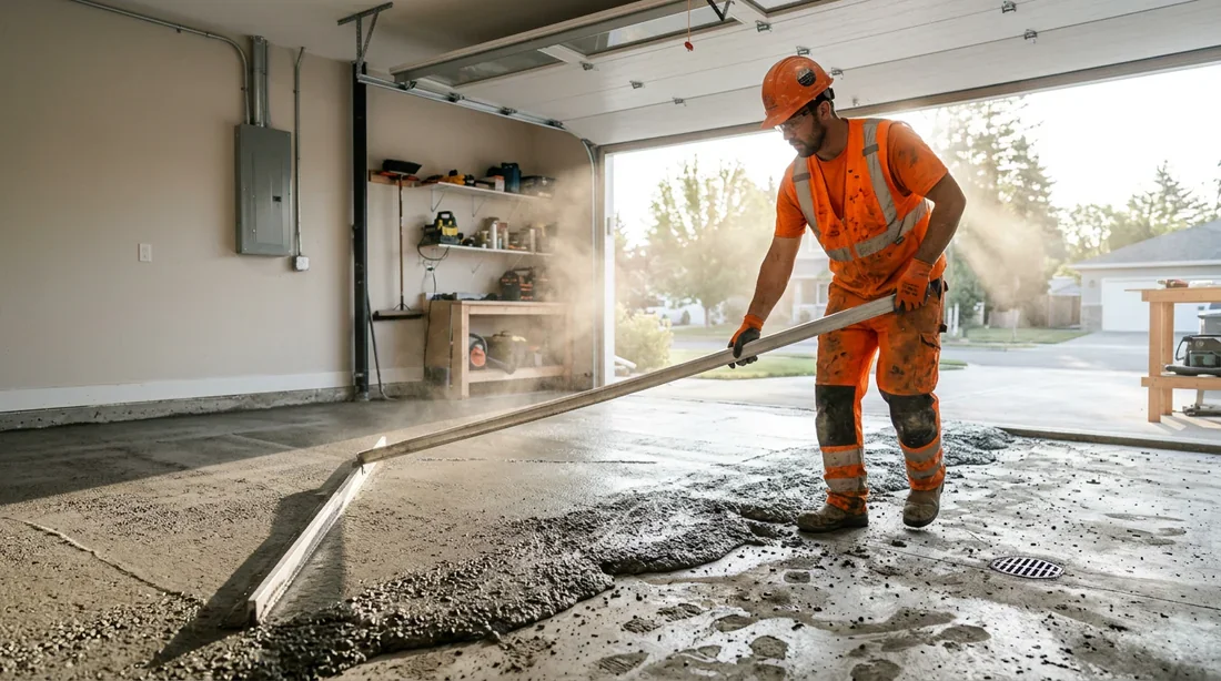 Application d'une chape de béton dans un garage Artisan utilisant une règle de maçon pour tirer une chape de béton dans un garage