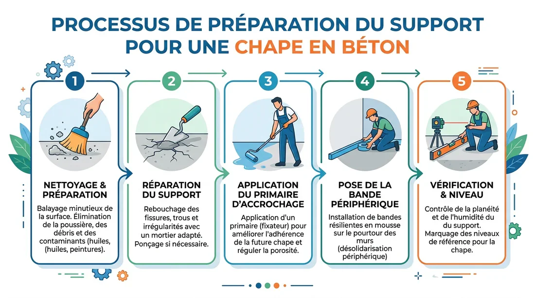 Étapes de préparation du sol Infographie des étapes de préparation du sol avant coulage de chape