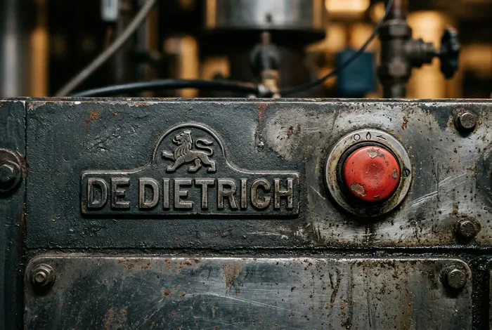 Gros plan sur le logo De Dietrich et le bouton de réarmement rouge d'une chaudière