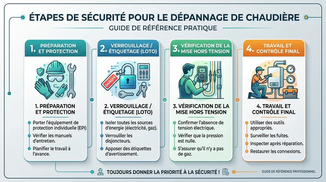 Tableau des étapes de dépannage de sécurité pour chaudière fioul