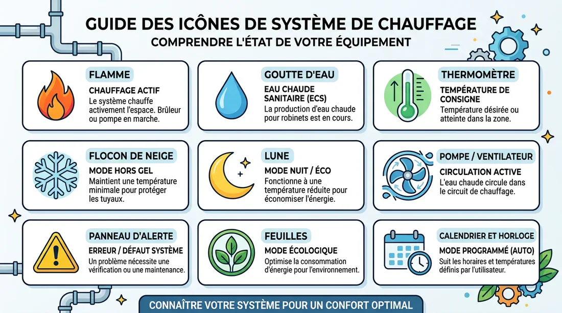 Infographie présentant les différents symboles d'état et d'erreur d'un système de chauffage.