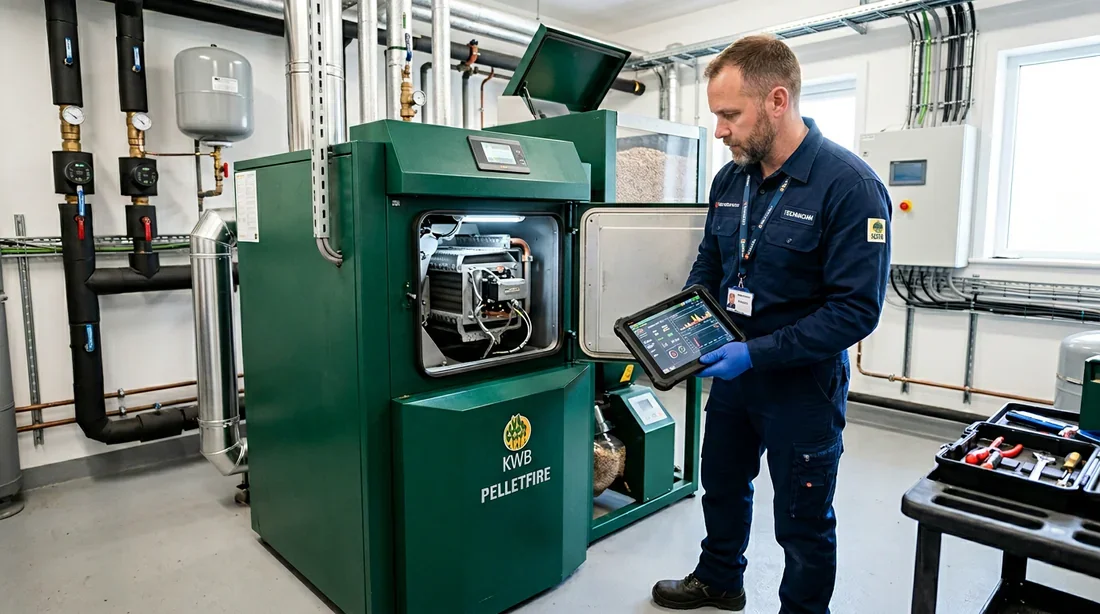 Manipulation de l'écran tactile d'une chaudière KWB pour résoudre une erreur.