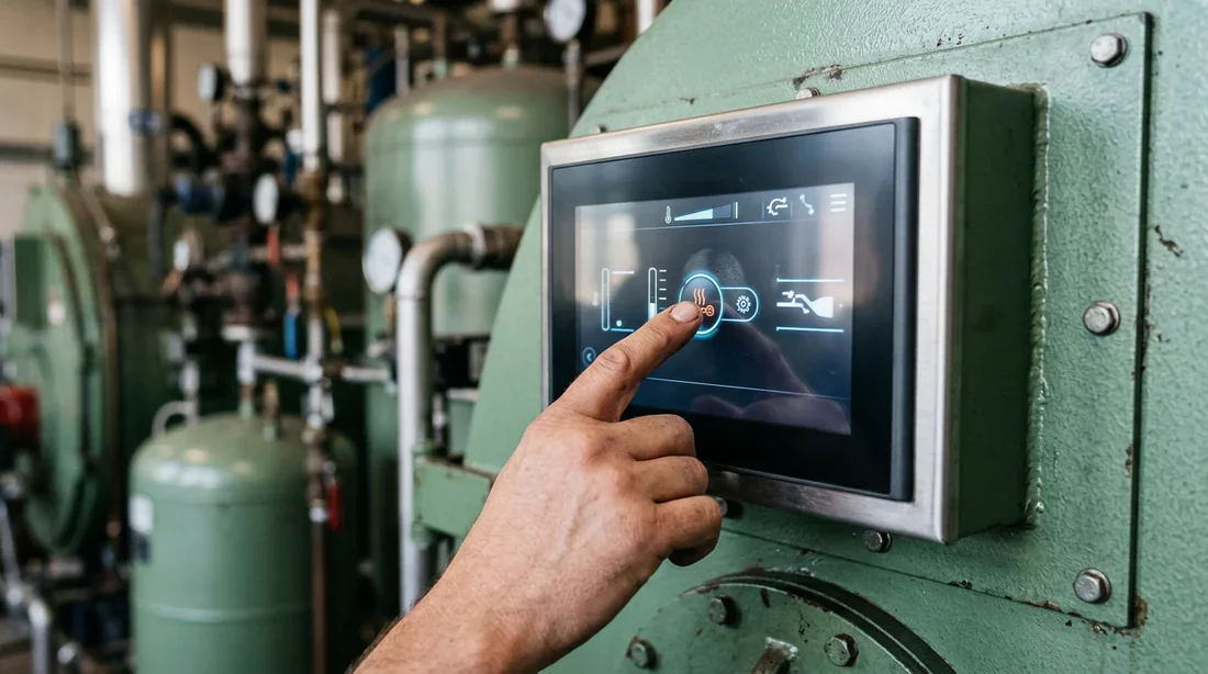 Technicien professionnel effectuant le dépannage d'une chaudière biomasse KWB.