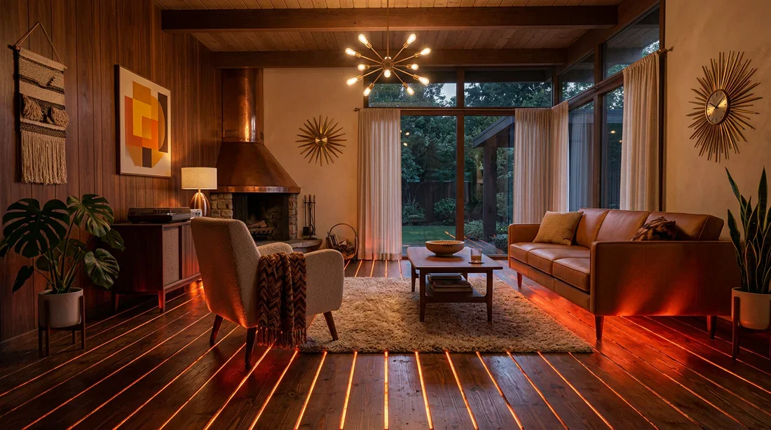 Salon design moderne avec chauffage au sol rayonnant