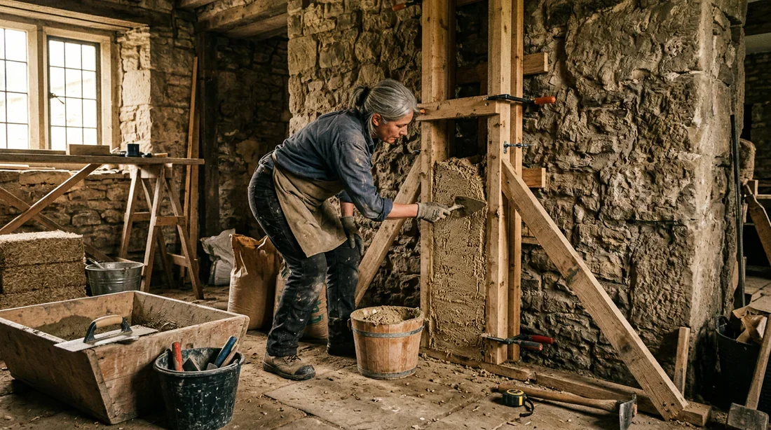 Application du béton de chaux-chanvre banché Mise en œuvre du banchage chaux-chanvre par un artisan
